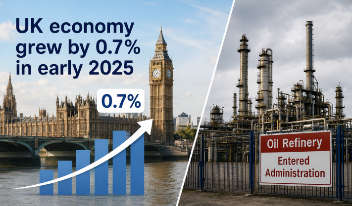 UK economy grew by 0.7% in early 2025; Lincolnshire oil refinery enters administration